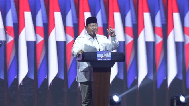 Prabowo Subianto saat hadiri Rapimnas Partai Demokrat